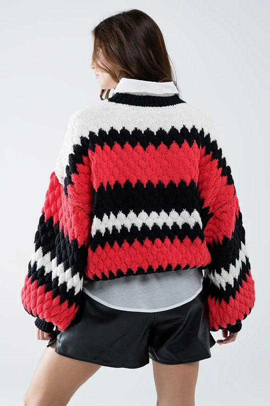 oversized red zig zag striped sweater - One Size / Red - Sweaters