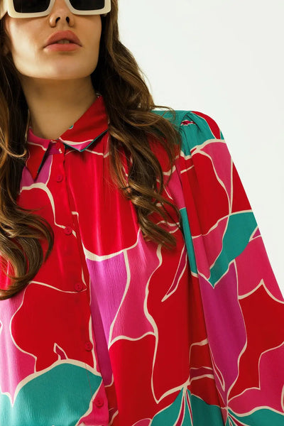 Satin Oversized shirt with floral designs and button closure - Shirts