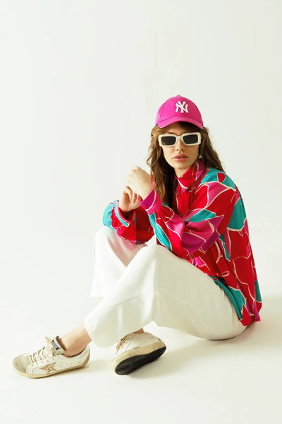 Satin Oversized shirt with floral designs and button closure - Shirts