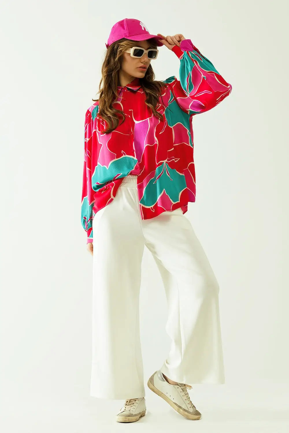 Satin Oversized shirt with floral designs and button closure - Shirts