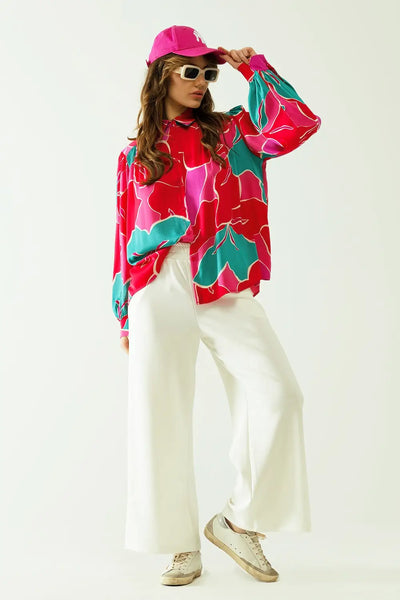 Satin Oversized shirt with floral designs and button closure - Shirts
