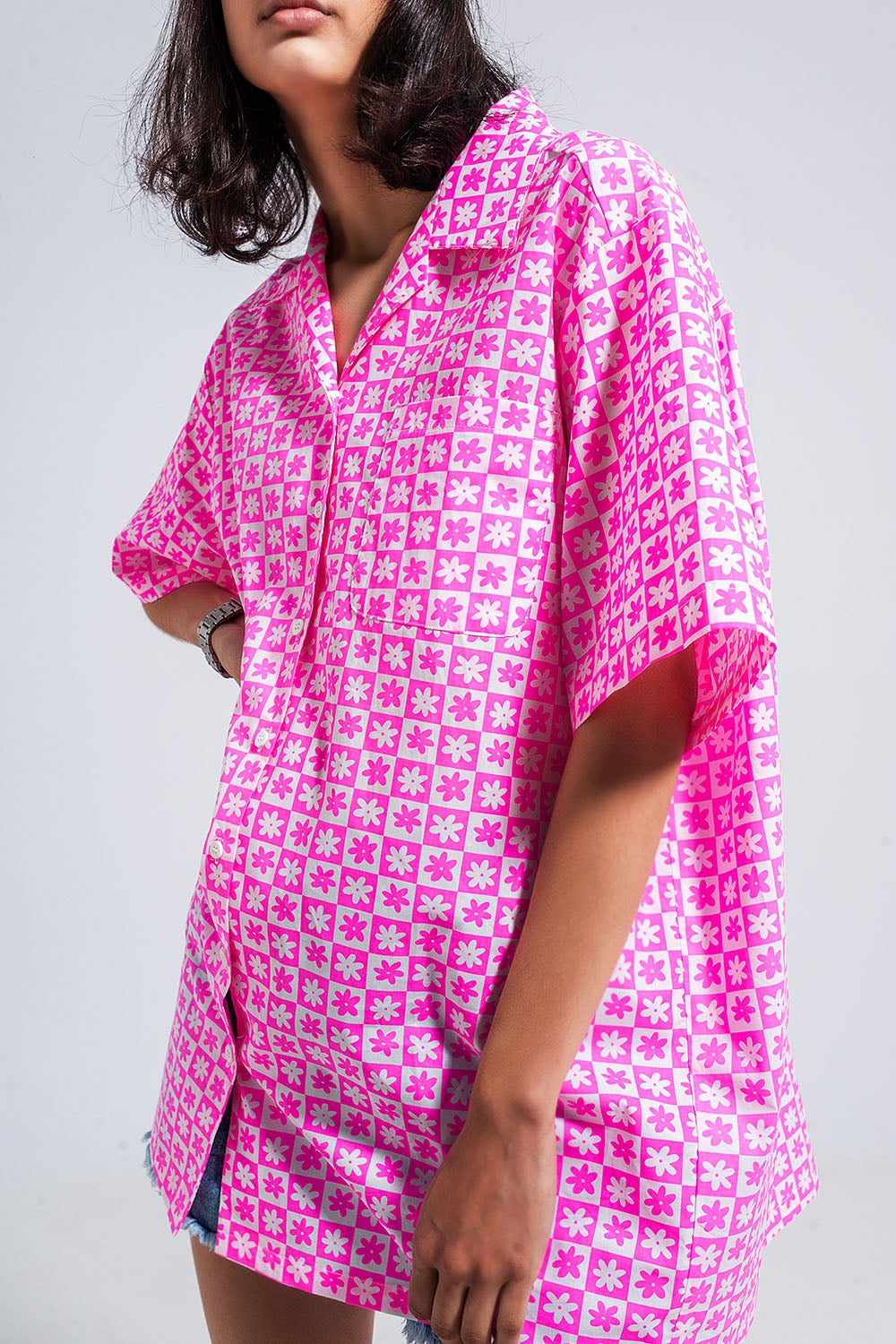 Oversized short sleeve shirt in bright pink