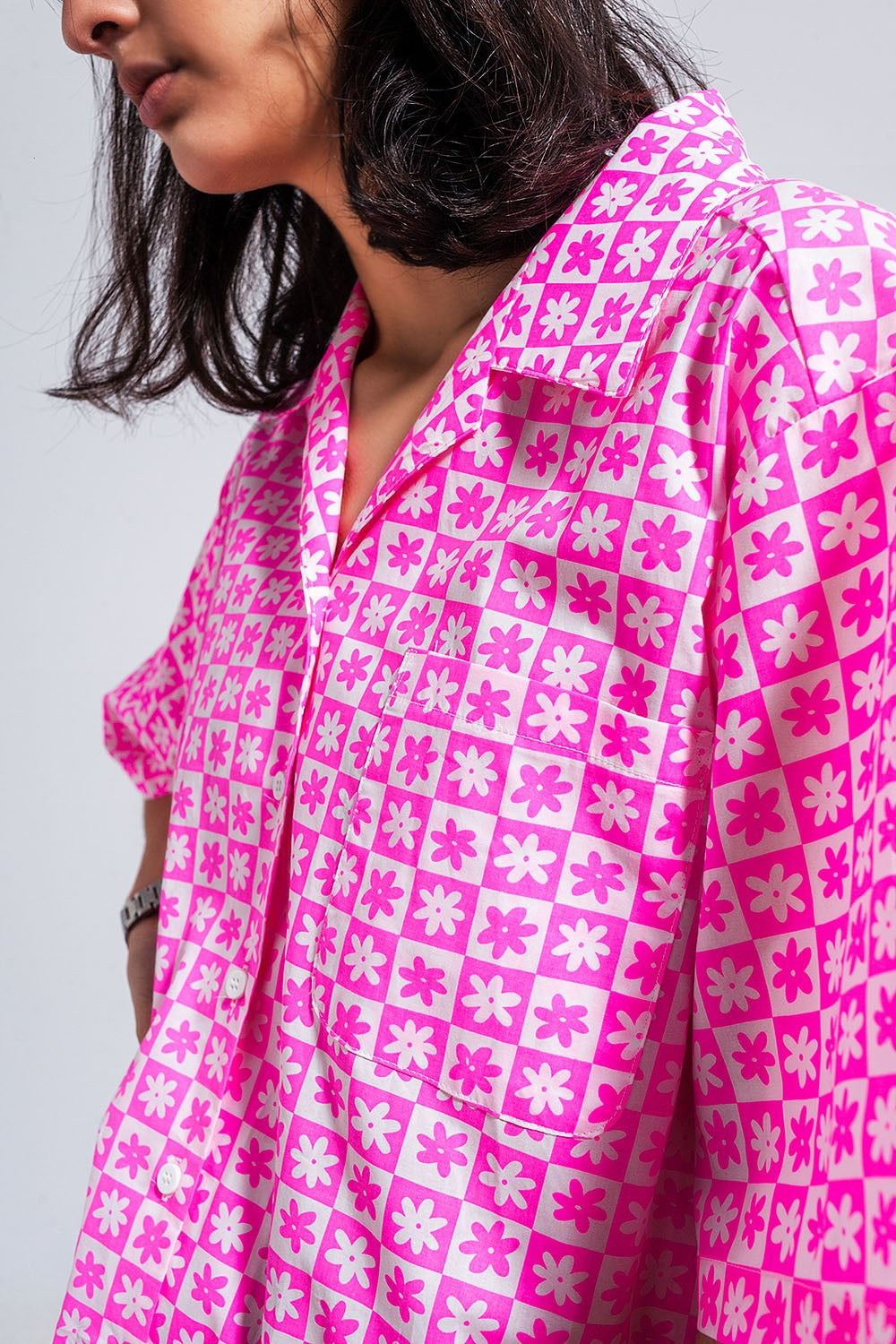 Oversized short sleeve shirt in bright pink