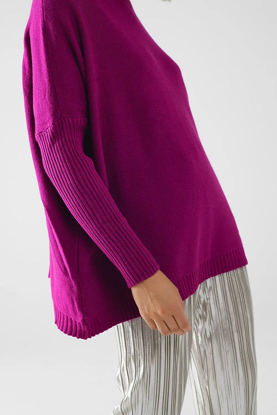 oversized soft fuchsia sweater with ribbed sleeves - One Size / Fuchsia - Sweaters