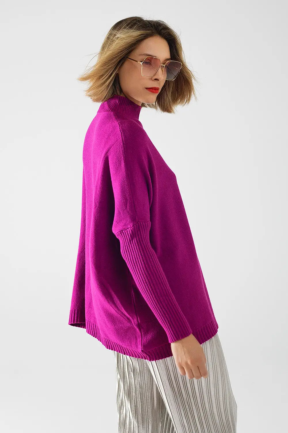 oversized soft fuchsia sweater with ribbed sleeves - One Size / Fuchsia - Sweaters