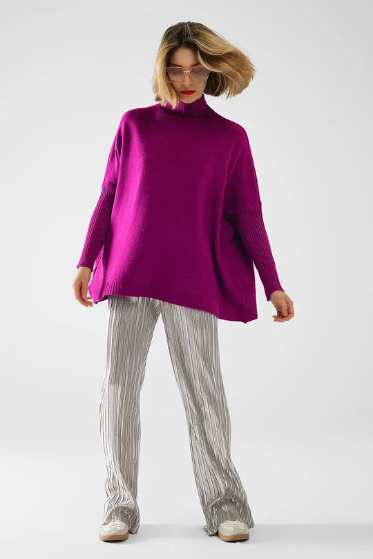 oversized soft fuchsia sweater with ribbed sleeves - One Size / Fuchsia - Sweaters