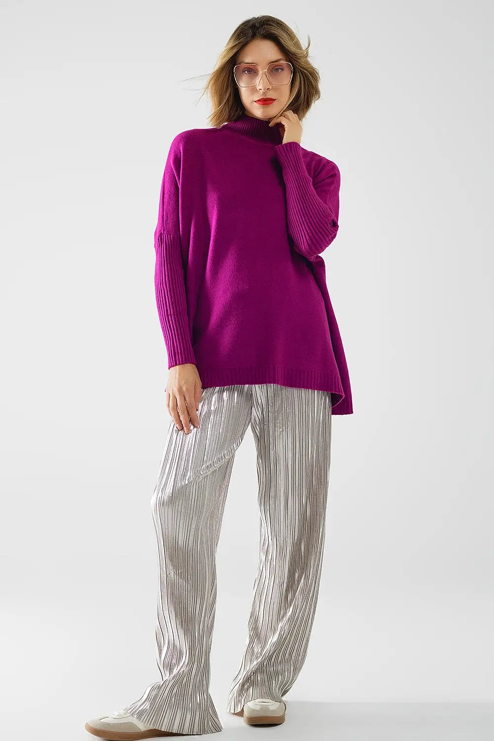 oversized soft fuchsia sweater with ribbed sleeves - One Size / Fuchsia - Sweaters