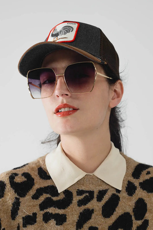 Oversized Square Metal Sunglasses In Black Gradient Lens - One Size / Gold