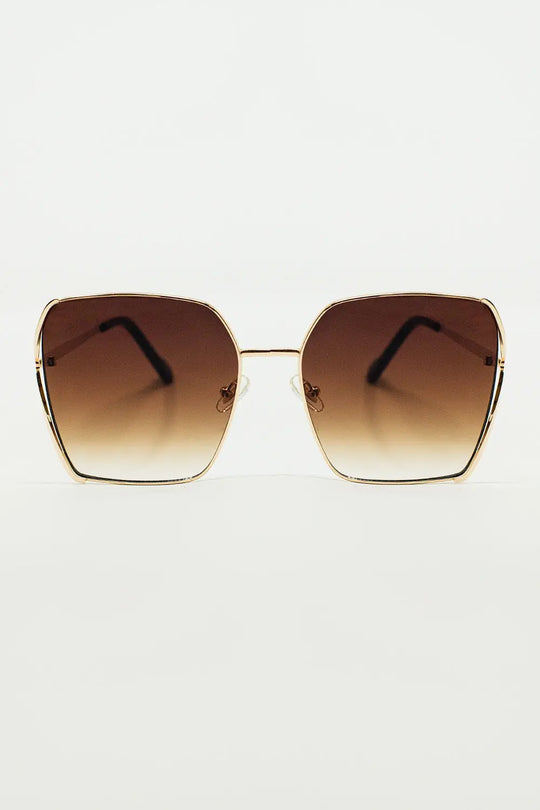 Q2 Oversized Square Metal Sunglasses In Brown Gradient Lens