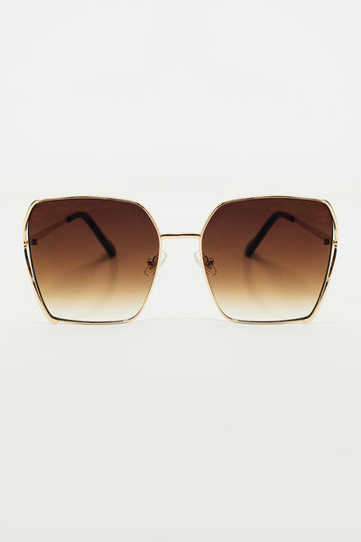 Q2 Oversized Square Metal Sunglasses In Brown Gradient Lens