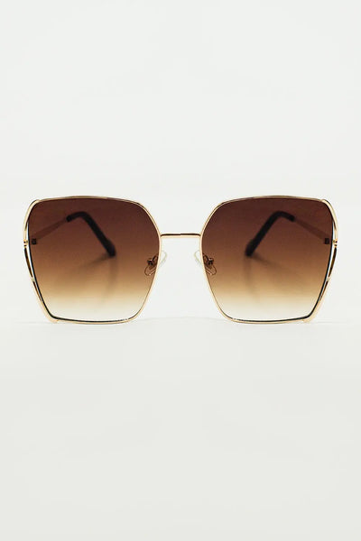 Q2 Oversized Square Metal Sunglasses In Brown Gradient Lens