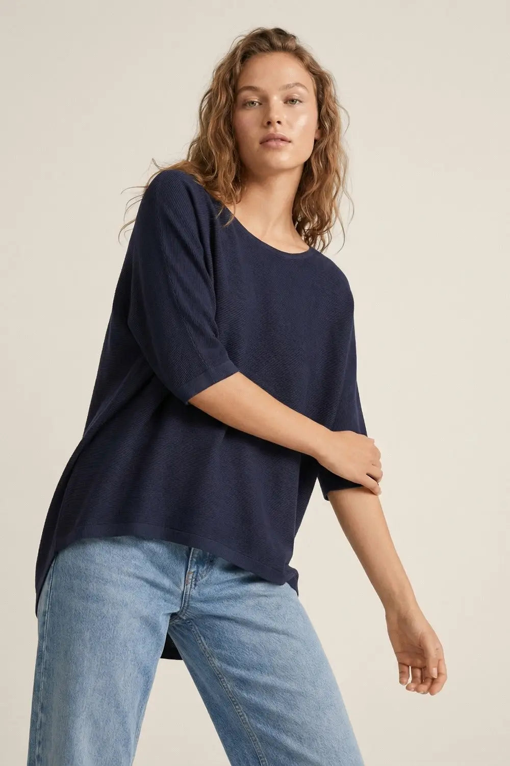 Oversized Sweater in Navy with Elbow-Length Sleeves - One Size / Blue