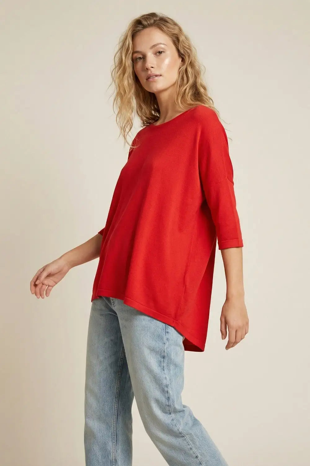 Oversized Sweater in Red with Elbow-Length Sleeves - One Size / Red