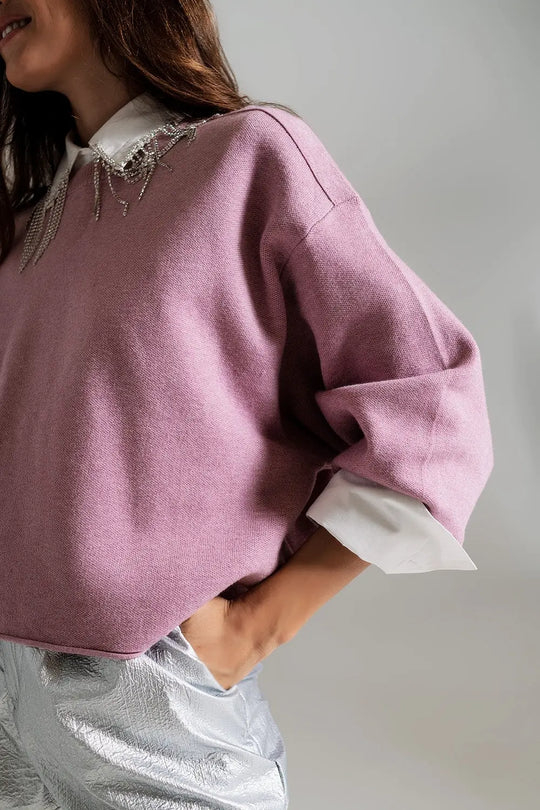 Oversized Sweater With Boatneck in Dusty Pink - One Size / Pink - Sweaters