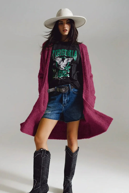 Oversized thick terry knit cardigan in fucsia - One Size / Fuchsia