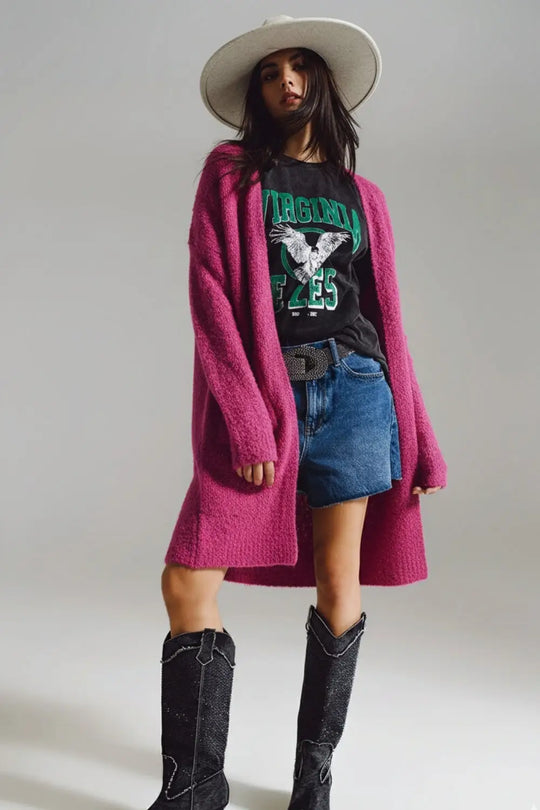 Oversized thick terry knit cardigan in fucsia - One Size / Fuchsia