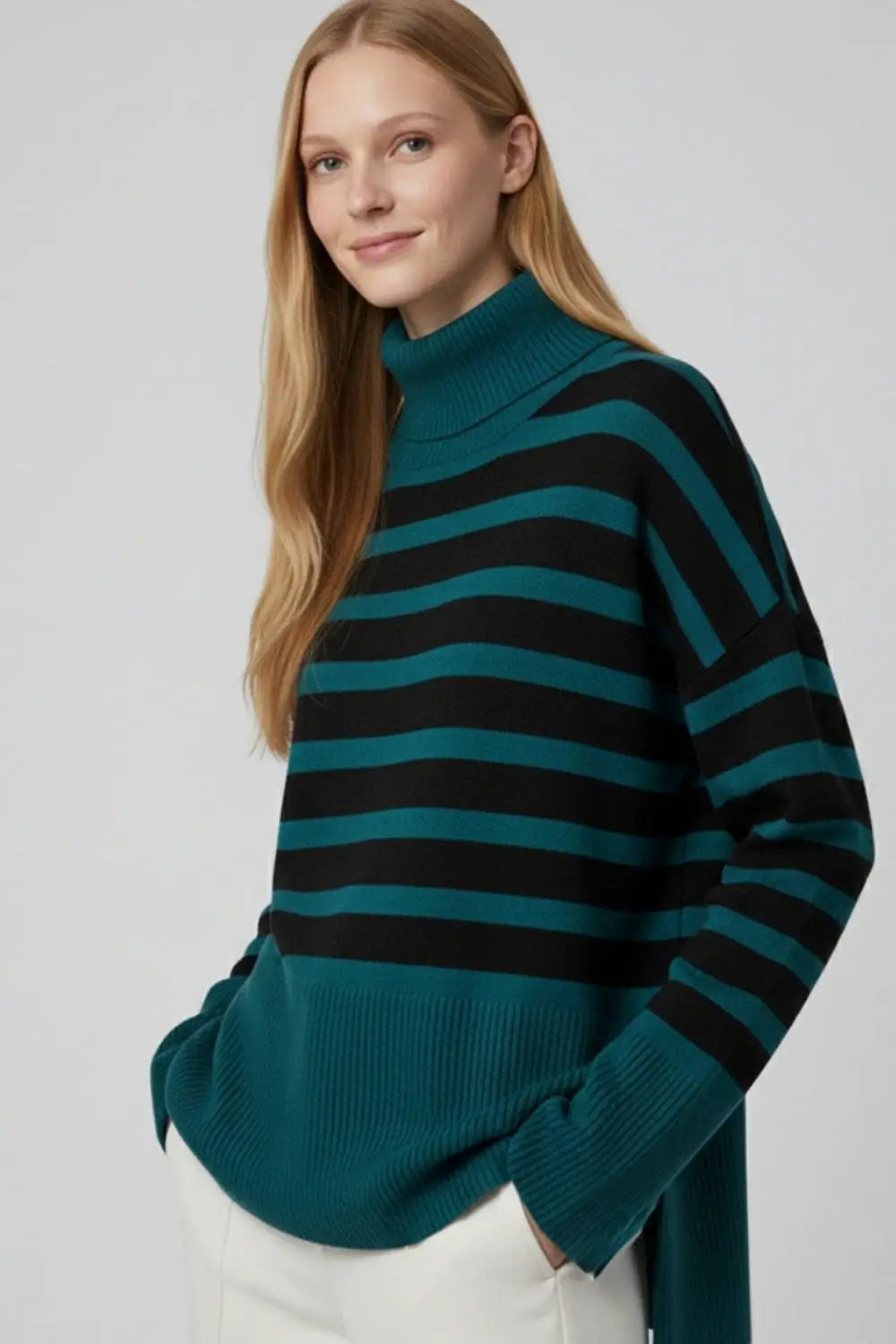 Q2 oversized turtleneck sweater with black stripes and splits on the side