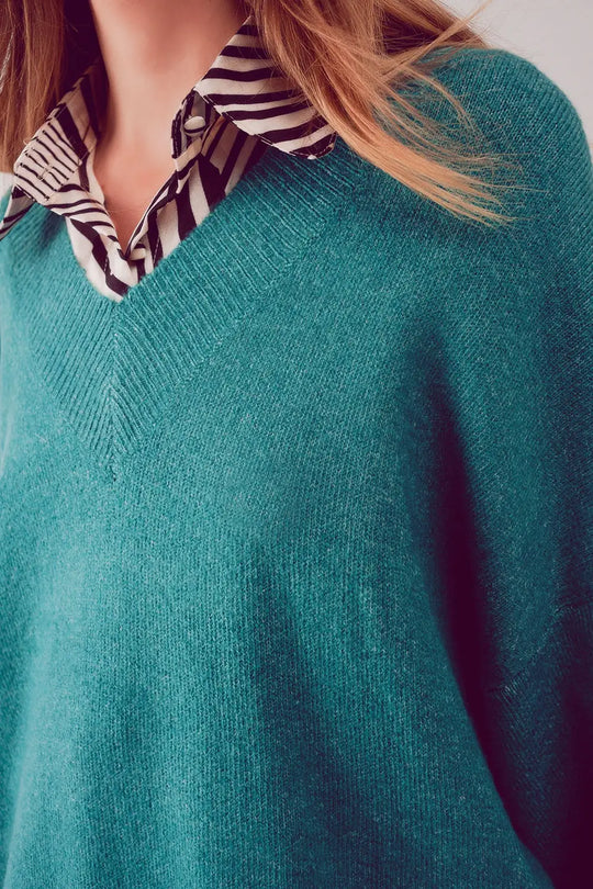 Oversized v neck sweater dress in turquoise - One Size / Turquoise - Sweaters