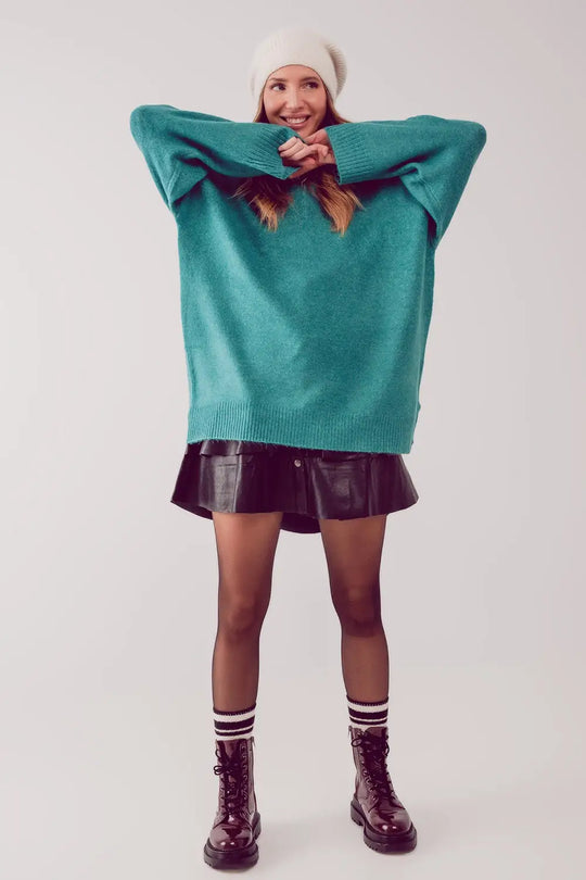 Oversized v neck sweater dress in turquoise - One Size / Turquoise - Sweaters