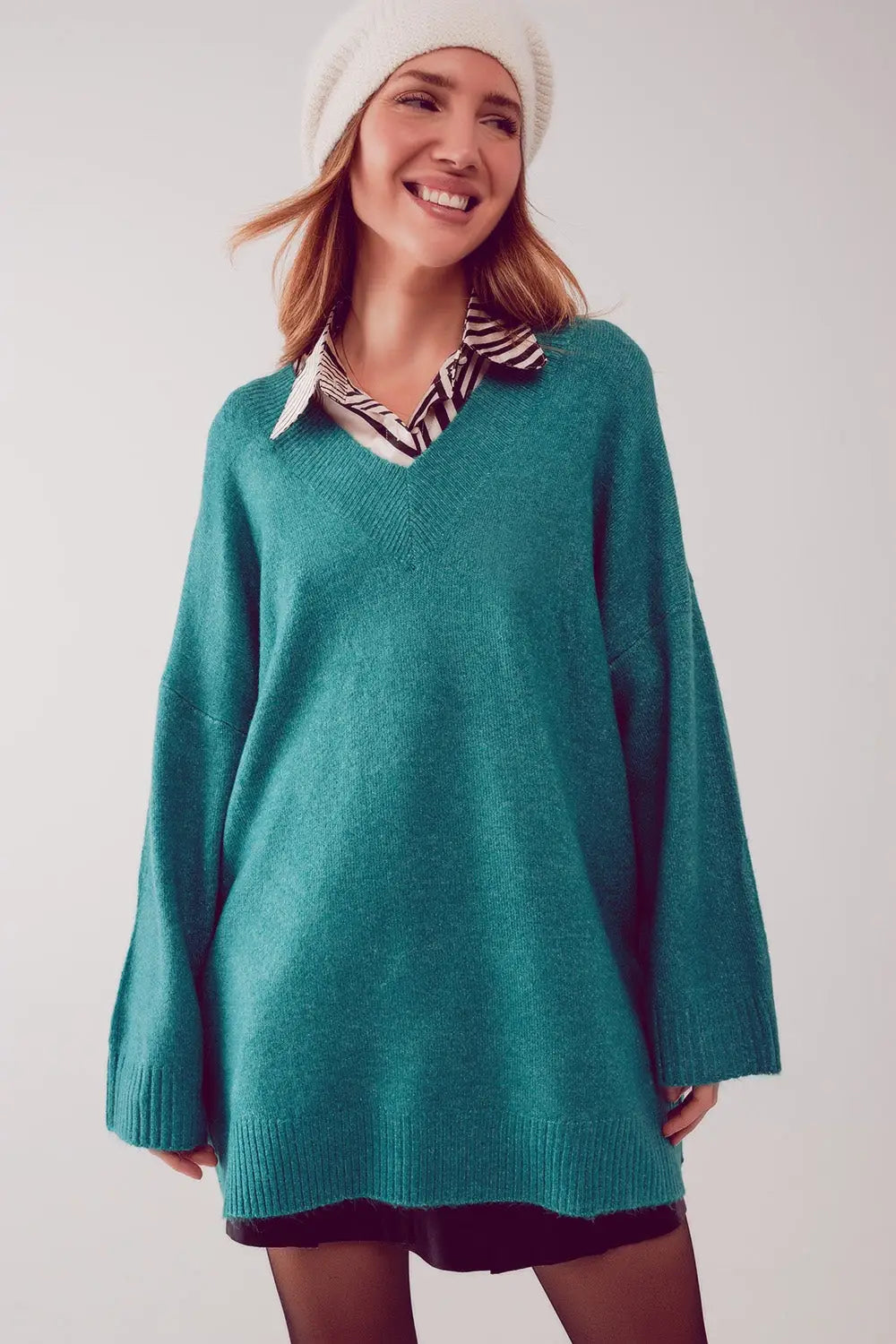 Oversized v neck sweater dress in turquoise - One Size / Turquoise - Sweaters