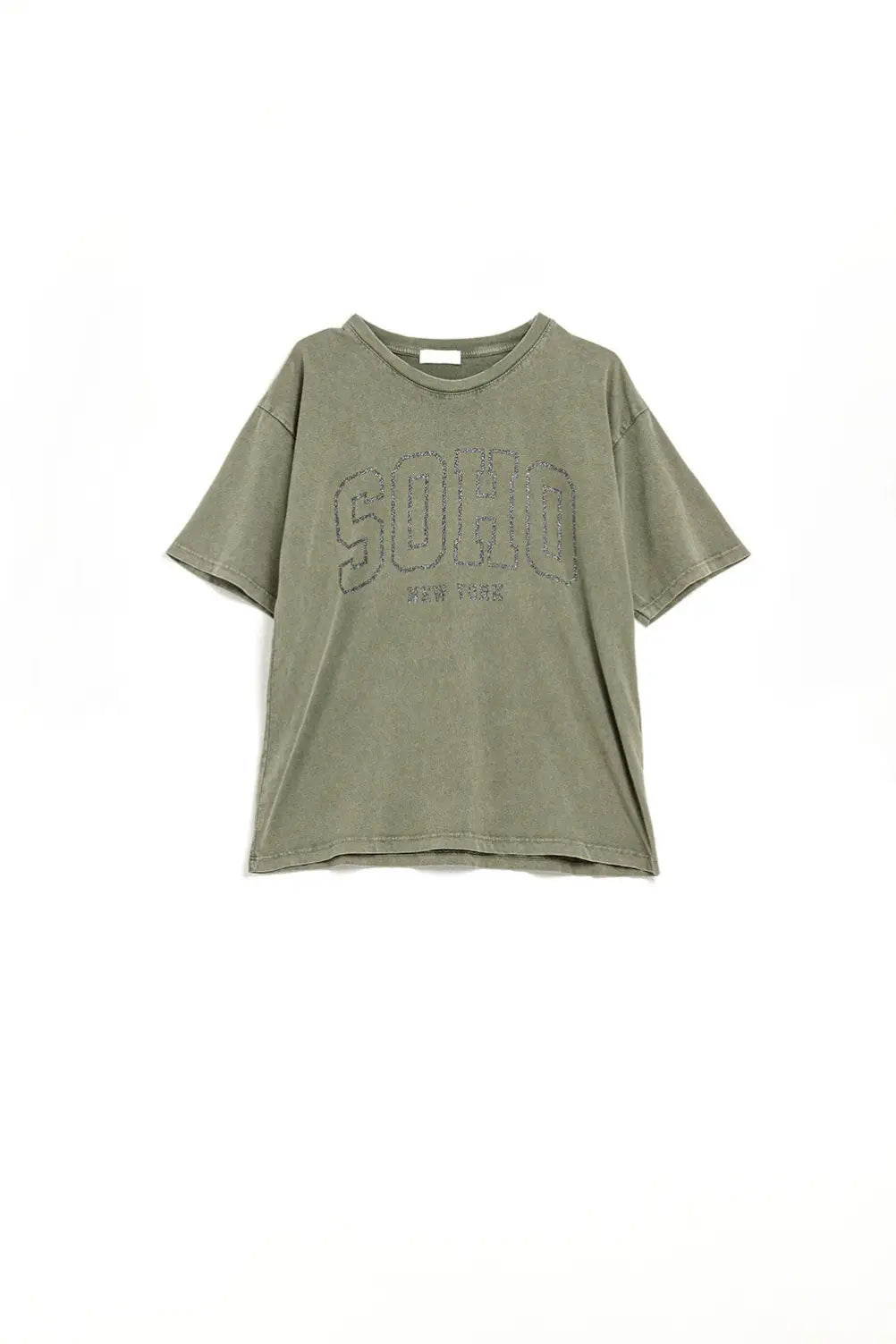Q2 Oversized Washed Khaki Green T-shirt With Soho New York At The Front