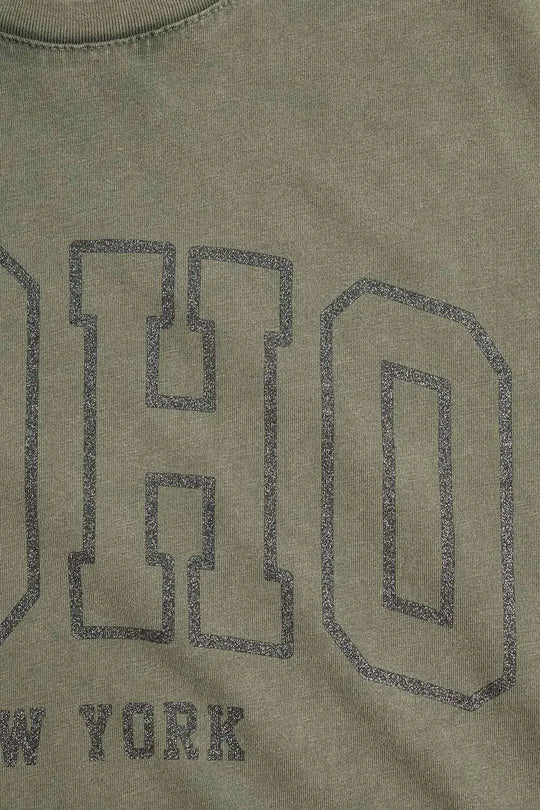 Oversized Washed Khaki Green T-shirt With Soho New York At The Front - One Size / Green - Tops