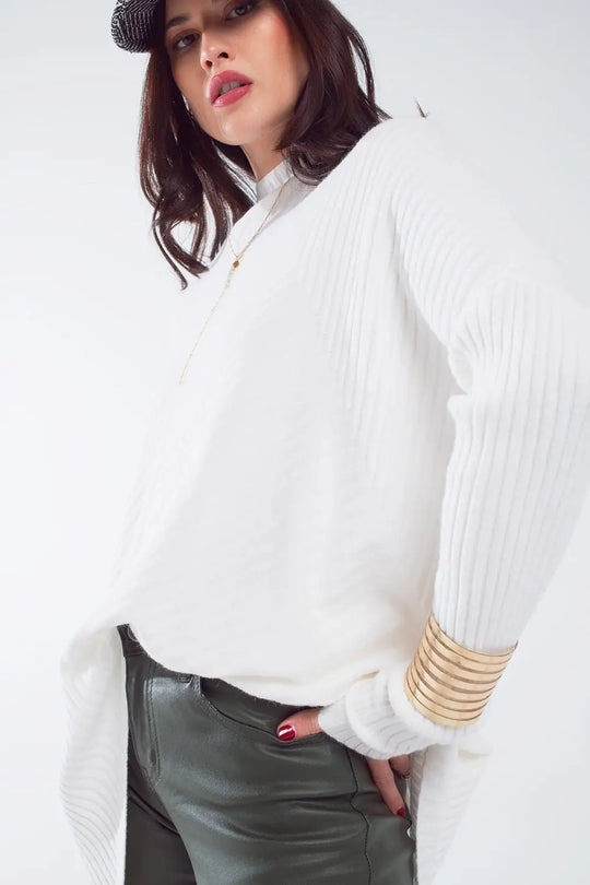 Oversized white sweater with stripes details - One Size / White - Sweaters