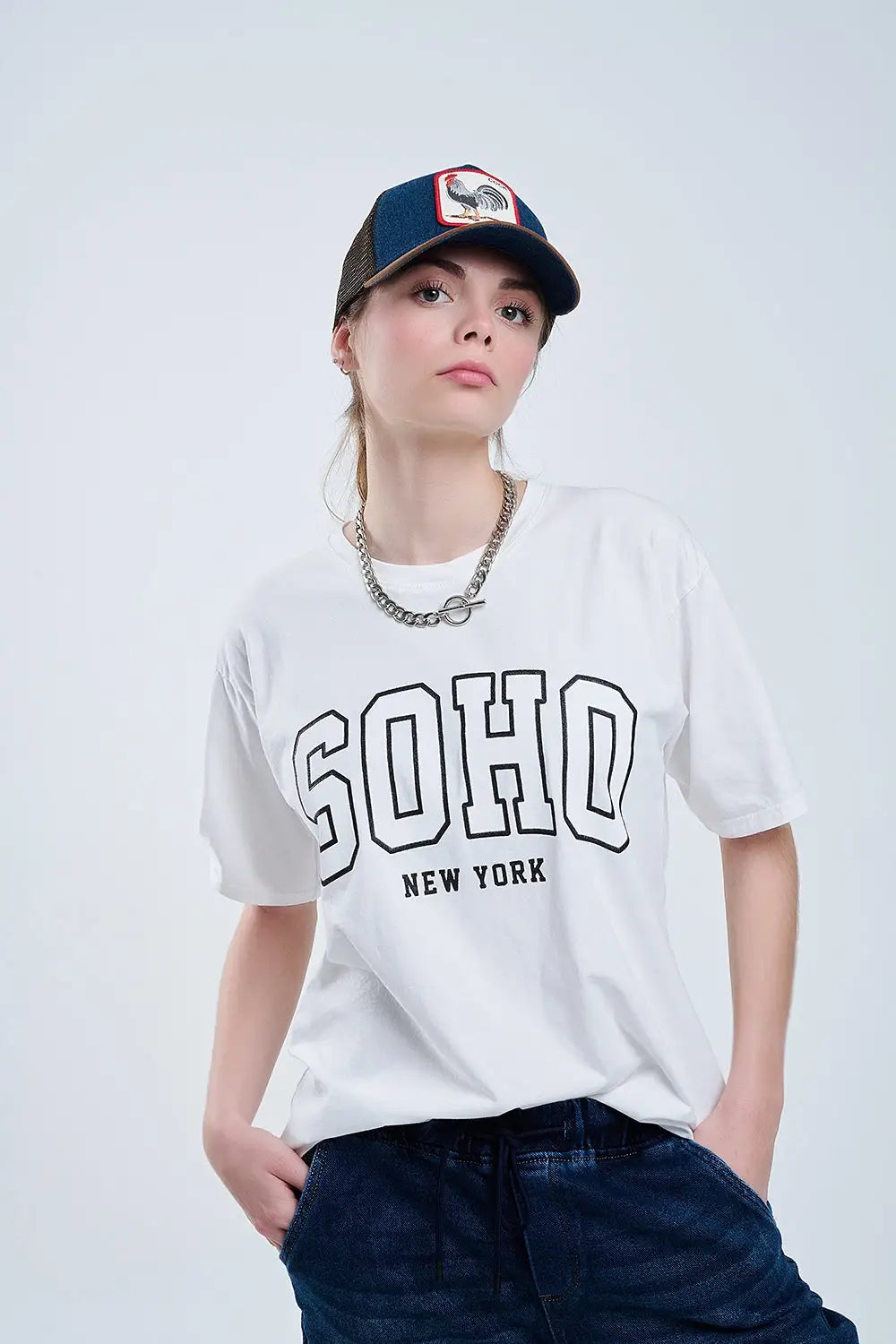 Oversized White T-shirt With Soho New York At The Front - One Size / White - Tops