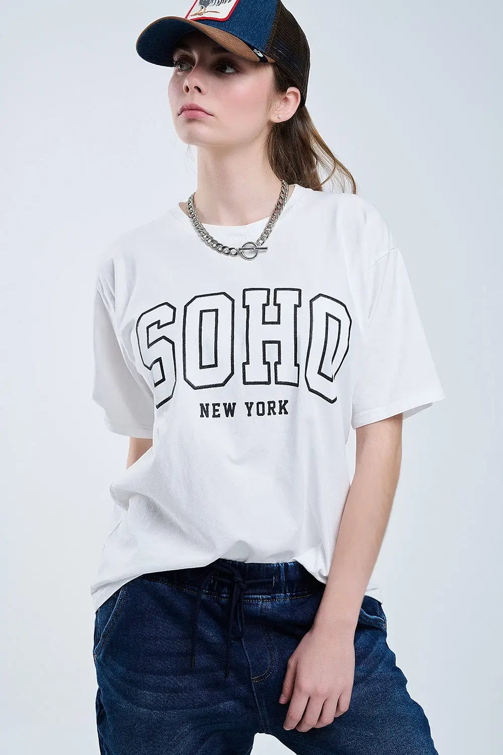 Oversized White T-shirt With Soho New York At The Front - One Size / White - Tops