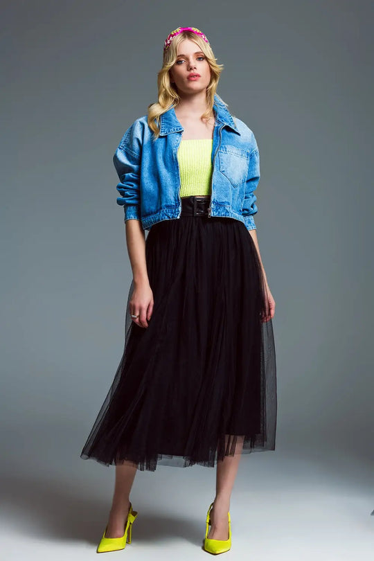 Ovesized cropped denim jacket with zip fastening and high collar - Coats and Jackets