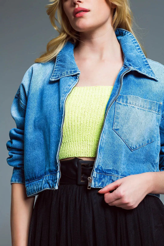 Ovesized cropped denim jacket with zip fastening and high collar - Coats and Jackets