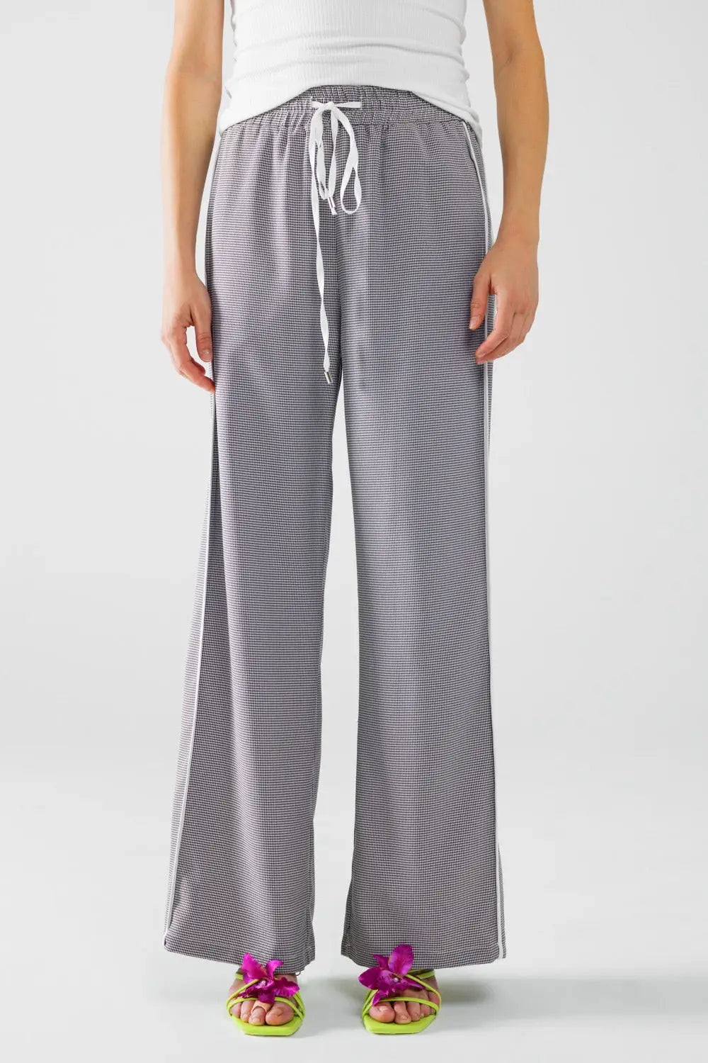 Palazzo Black and White Gingham Pants With Drawstring - Pants