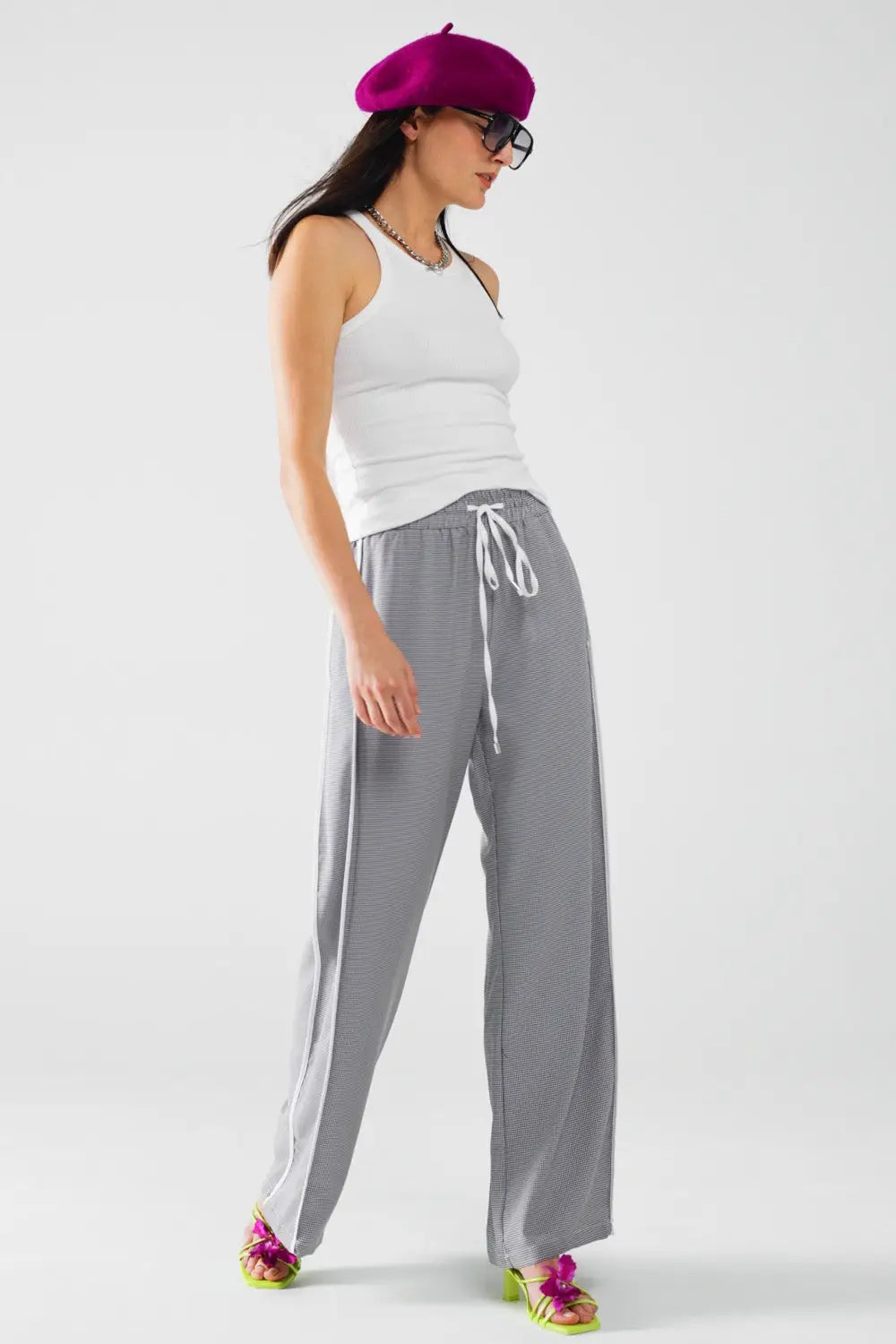 Palazzo Pantalon vichy noir et blanc avec cordon de serrage - Pantalons
