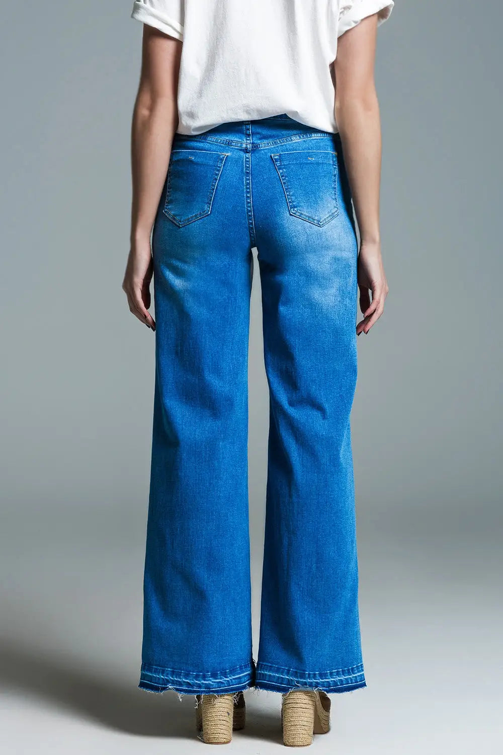 Palazzo Style Jeans in Mid Wash With Double Stitching Detail at The Hem - Jeans