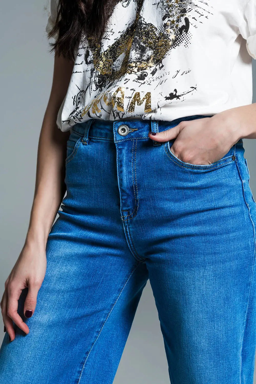 Palazzo Style Jeans in Mid Wash With Double Stitching Detail at The Hem - Jeans