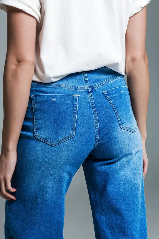 Palazzo Style Jeans in Mid Wash With Double Stitching Detail at The Hem - Jeans