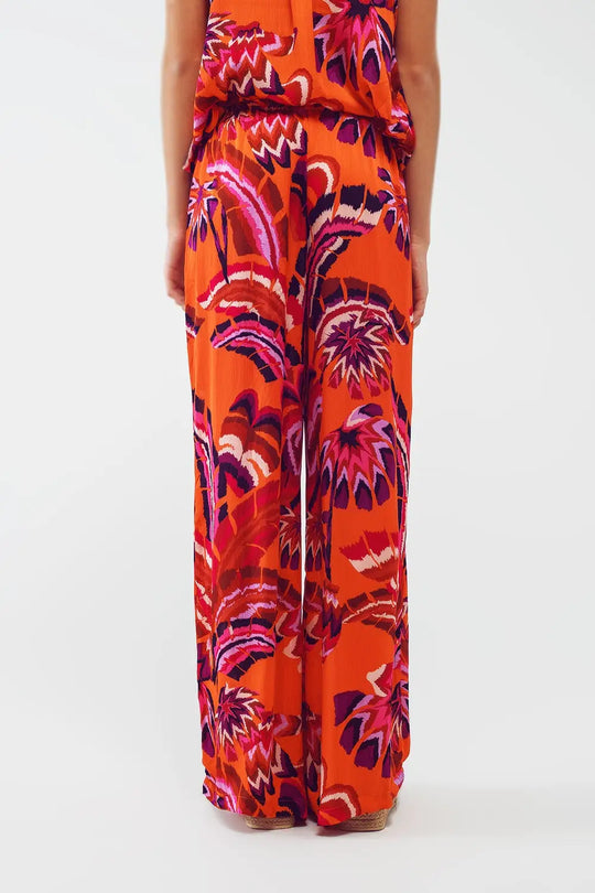 Palazzo Style Pants in Orange Abstract Floral Print - Pants