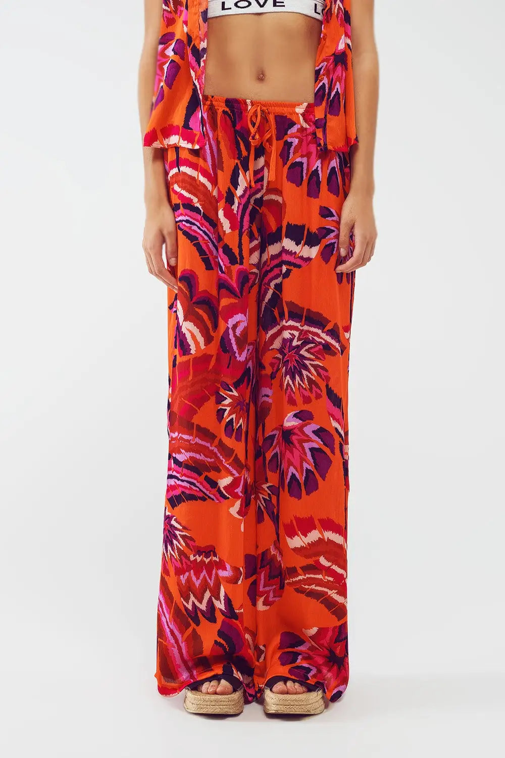 Palazzo Style Pants in Orange Abstract Floral Print - Pants