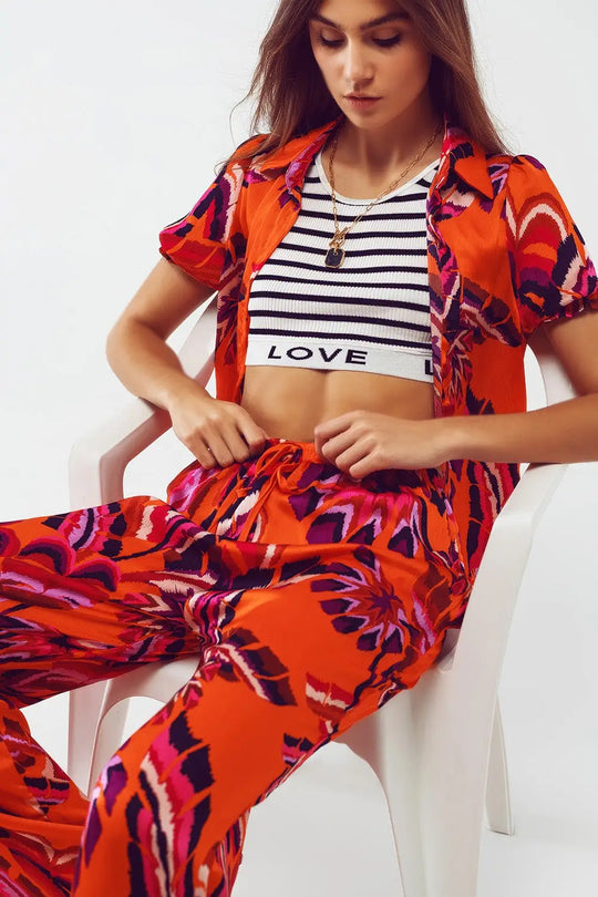 Palazzo Style Pants in Orange Abstract Floral Print - Pants