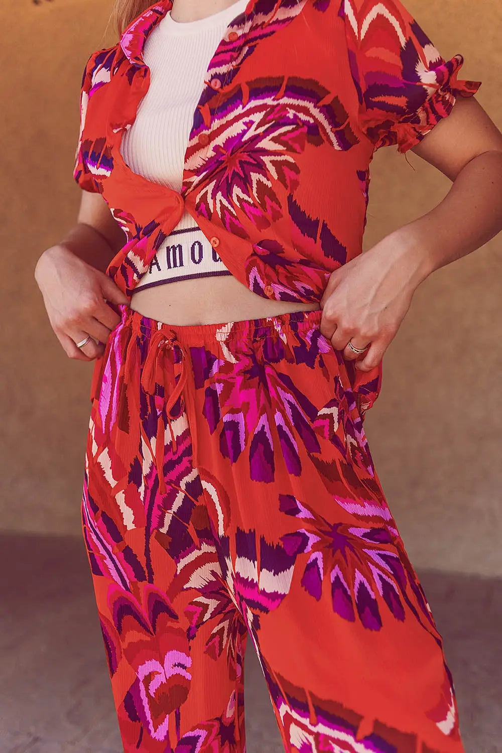 Palazzo Style Pants in Orange Abstract Floral Print - Pants