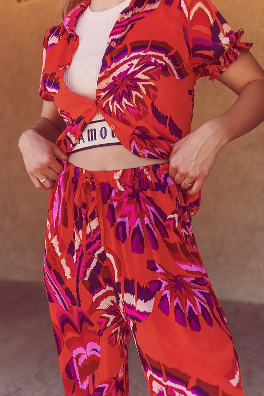Palazzo Style Pants in Orange Abstract Floral Print - Pants