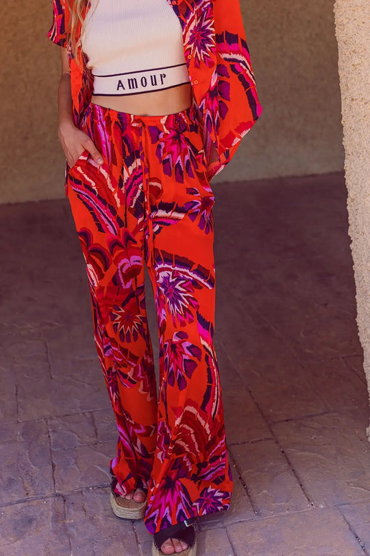 Palazzo Style Pants in Orange Abstract Floral Print - Pants