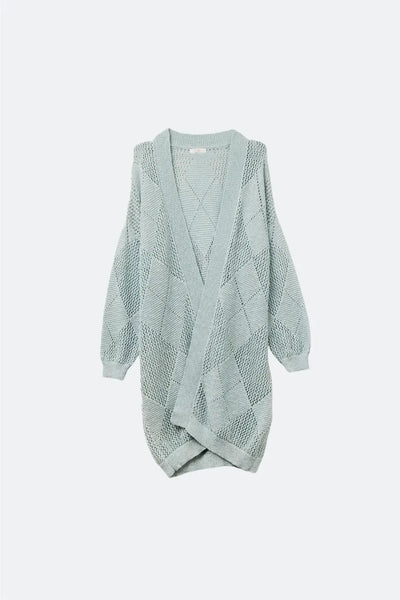 Q2 Pale Blue Draped Cardigan With Crochet Design