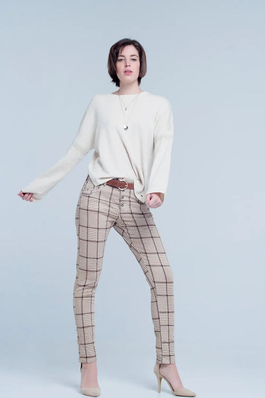 Pantalon à carreaux beige avec bouton - Pantalons