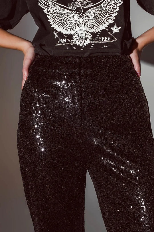 Pantalon à jambes droites à paillettes en noir - Pantalons