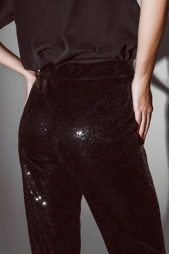 Pantalon à jambes droites à paillettes en noir - Pantalons