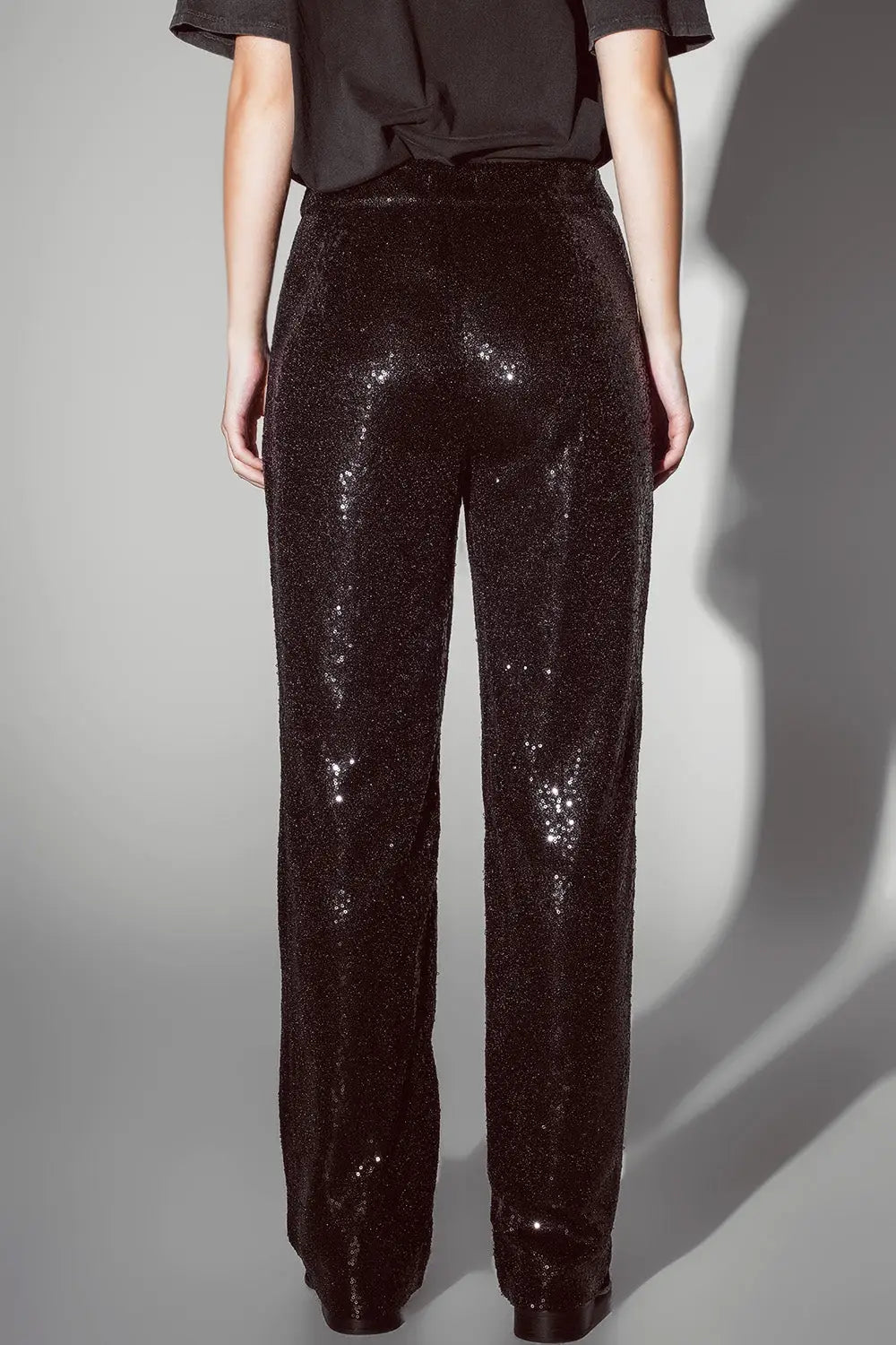 Pantalon à jambes droites à paillettes en noir - Pantalons