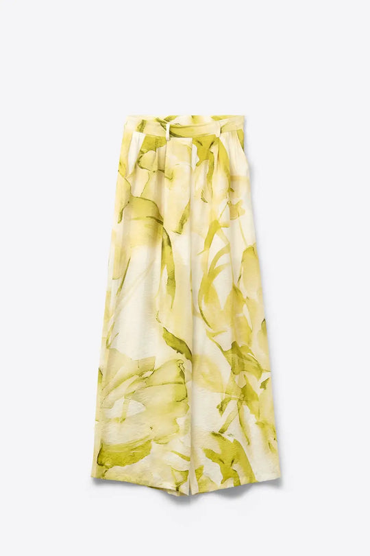 Q2 Pantalon à jambes larges avec imprimé aquarelle jaune