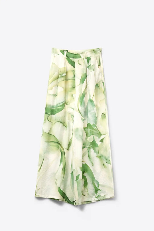 Pantalon à jambes larges avec imprimé aquarelle vert - Pantalons