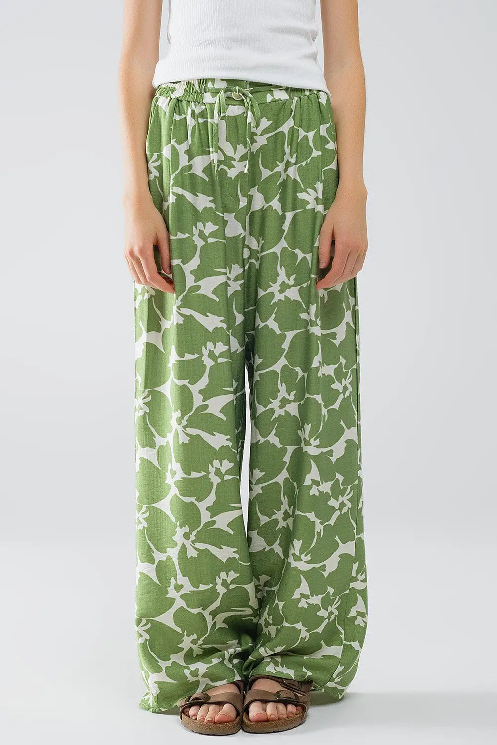 Pantalon à taille élastiquée avec imprimé floral vert - Pantalons